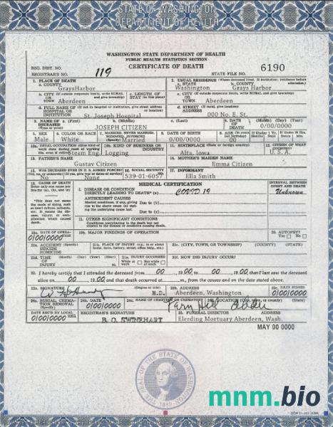 USA Washington state śmierć certyfikat szablon w formacie PSD